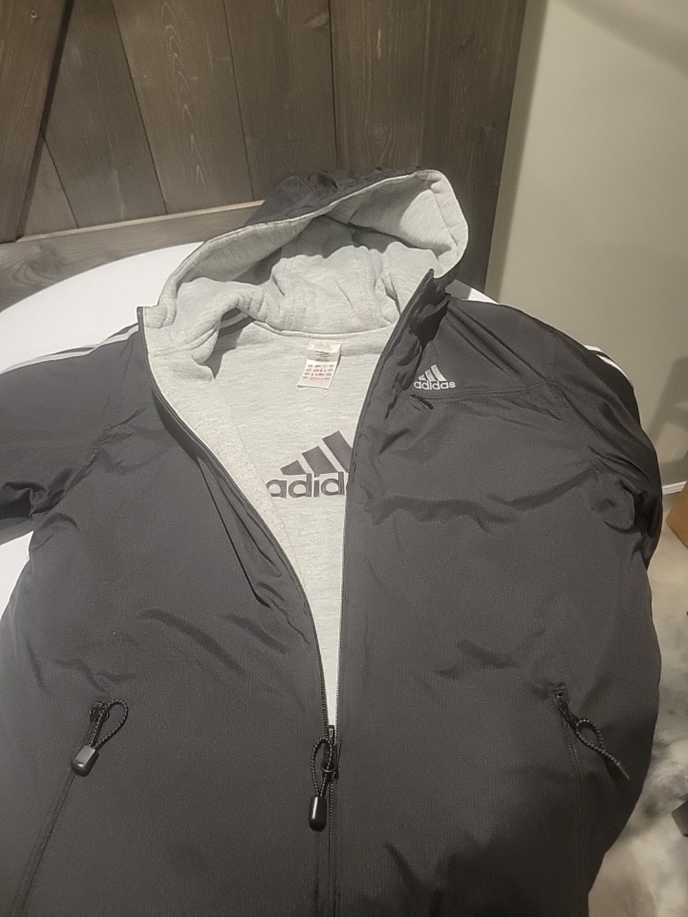 adidas Men’s Black Hooded Performance Jacket with Grey Liner